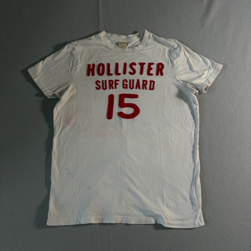 Hollister Surf Guard 15 Graphic T-Shirt Mens Large White Red Distressed Stained