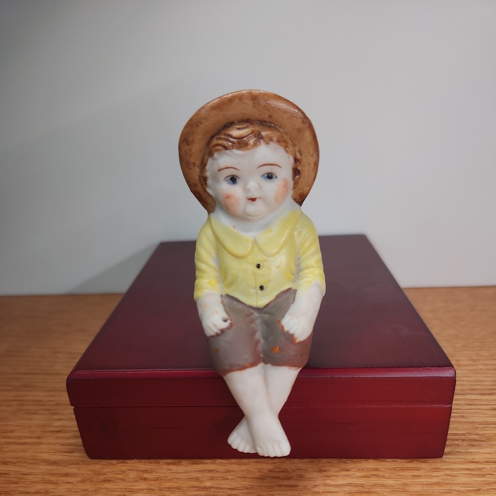 Adorable 3” Vintage Bisque Shelf Sitter Fishing Boy Made in Occupied Japan