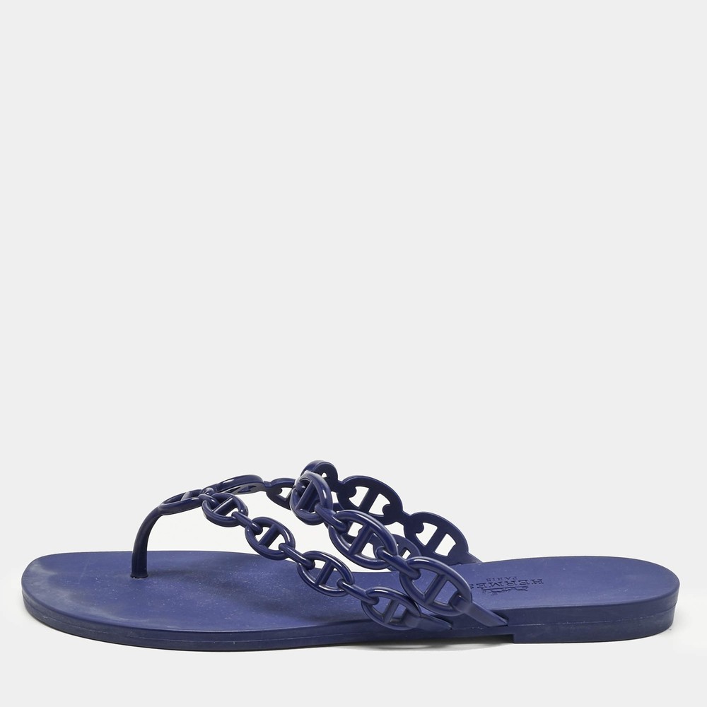 Hermes Navy Blue Rubber Island Flat Slides Size 39