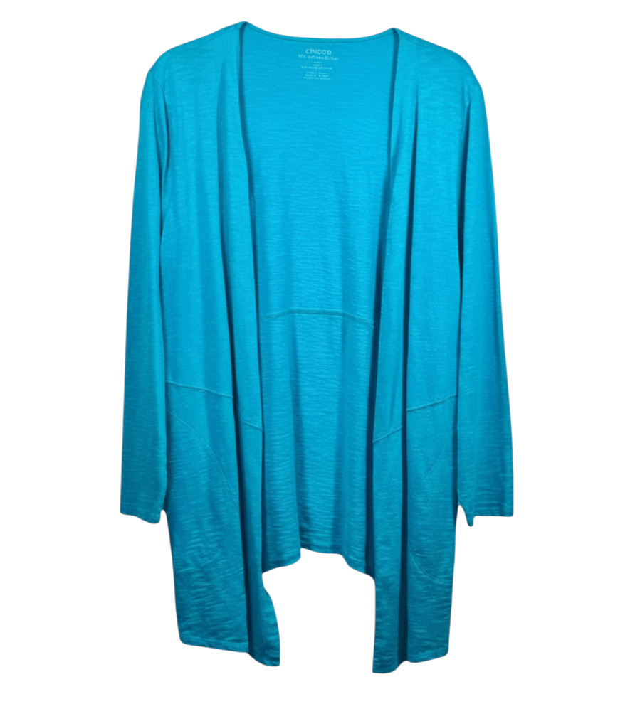CHICO'S Aqua Turquoise Blue SLUB KNIT OPEN CARDIGAN TOP SHIRT Ultimate Tee M/1