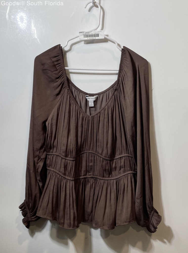 Nine West Womens Brown Long Sleeve V-Neck Pullover Blouse Top Size Large