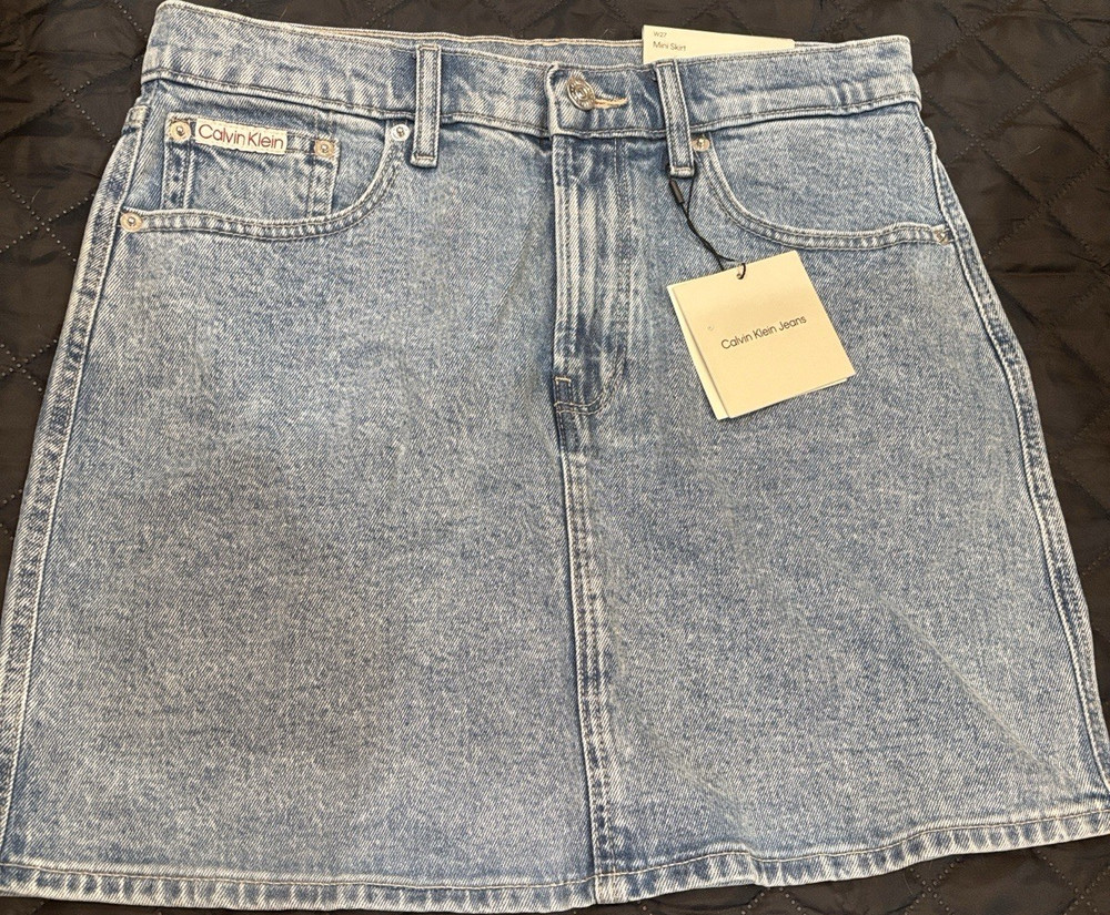 Calvin Klein Denim Mini Skirt Blue Stretch Pockets Women's Size 27W