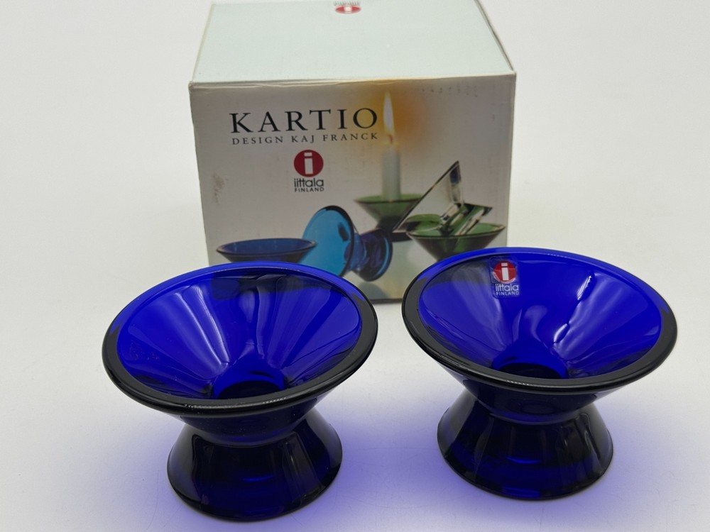 Vtg iittala Kartio Glass Candle Holders Cobalt Blue by Kaj Franck Finland MCM