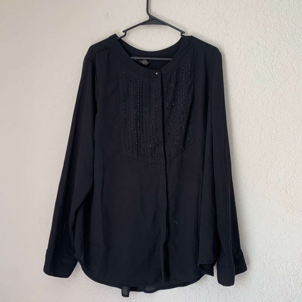 Lane Bryant Black Studded Blouse Long Sleeve Button Front Plus Size 18/20 Whimsy