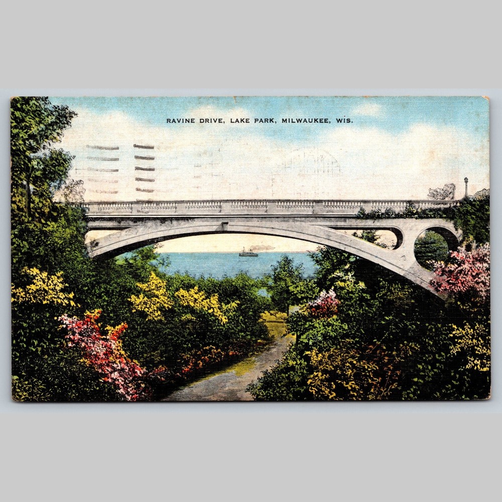 Postcard Ravine Drive Lake Park Milwaukee WI Bridge Scenic View