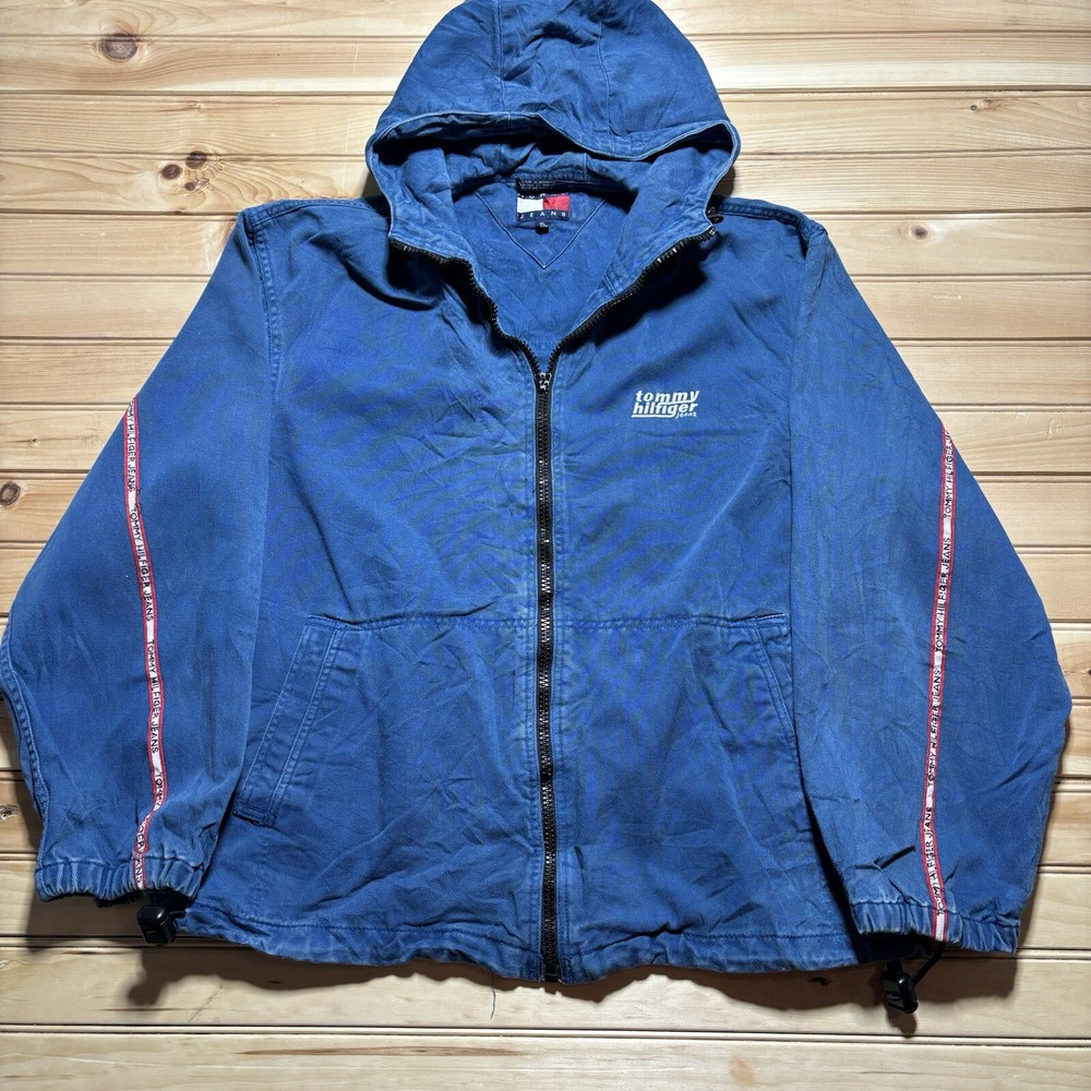 Vintage 90s Tommy Hilfiger Jeans Blue Denim Hooded Full Zip Jacket Size XL