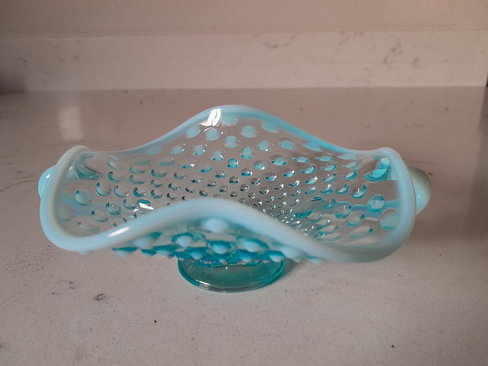 VTG Fenton Blue Opalescent Hobnail 2 Handled Bon Bon Bowl Dish Pre-Logo EUC