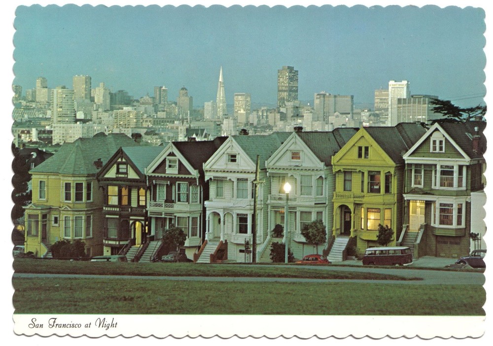 California Postcard San Francisco Victorian Houses At Night