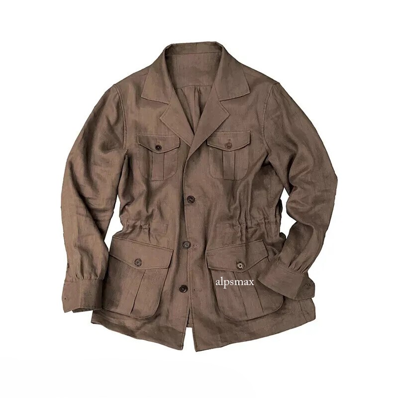 Men 100% Linen Safari Jacket Slim Hunting Coat Casual Pockets Retro Formal Coat