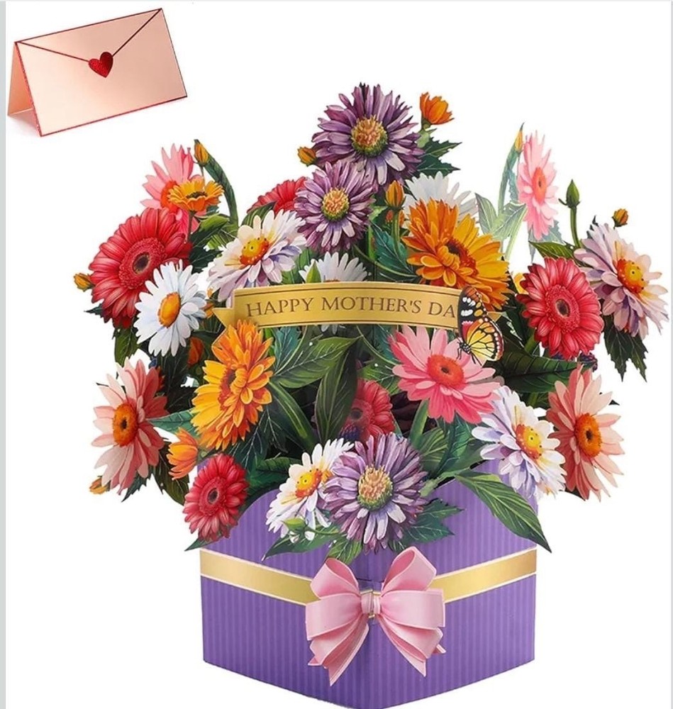 Mothers Day 3D Pop-Up Flower Greeting Card with Envelope for Birthday,