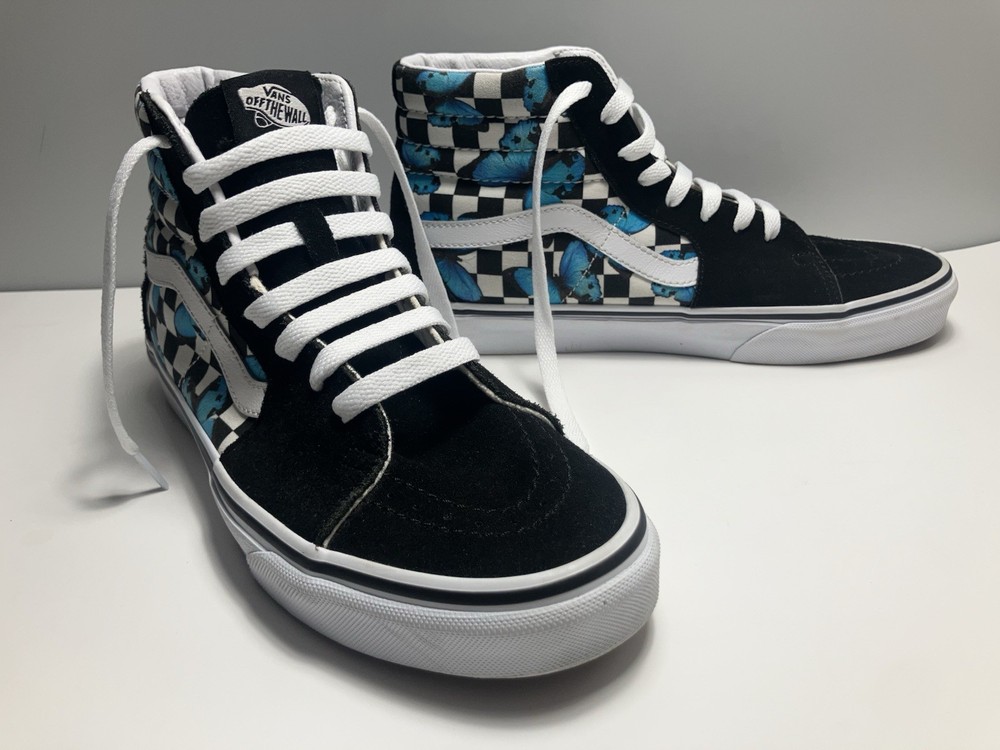 Vans Sk8 Hi Black n Blue Checkered Pattern With Butterflies Unisex Sz 8.5 M 10 W