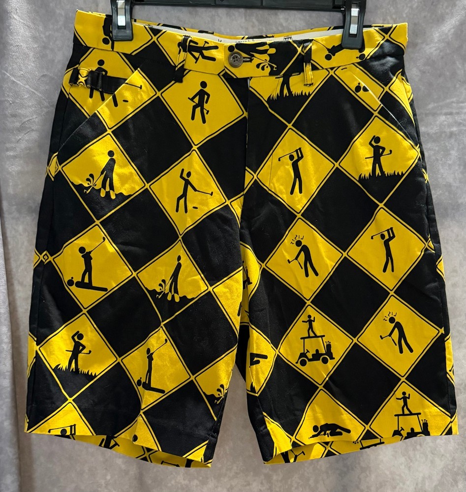 Royal & Awesome Golf Shorts Mens 32 Yellow Black Caution Sign Print Stretch