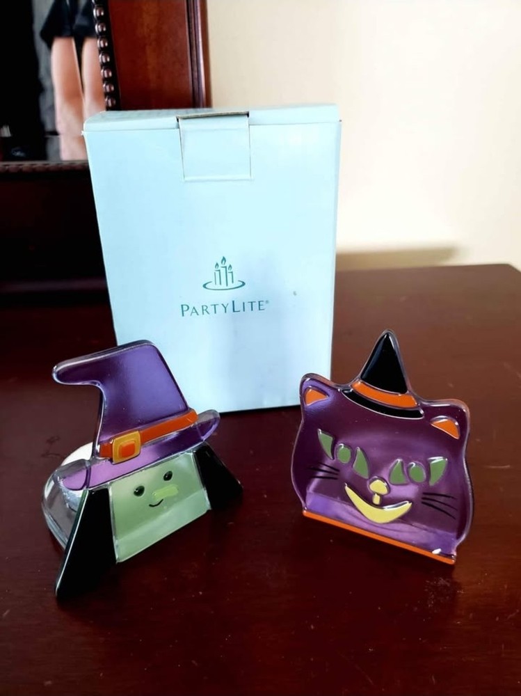 PartyLite Halloween Glass Tea Light Candle Holders Set of 2 Witch & Cat Boxed