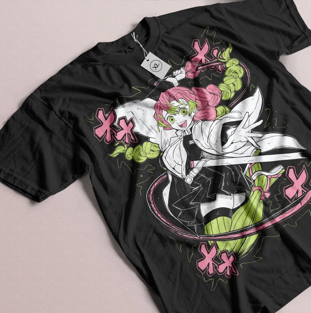 Anime Demon Slayer Mitsuri Kanroji Graphic Black T-Shirt All Size