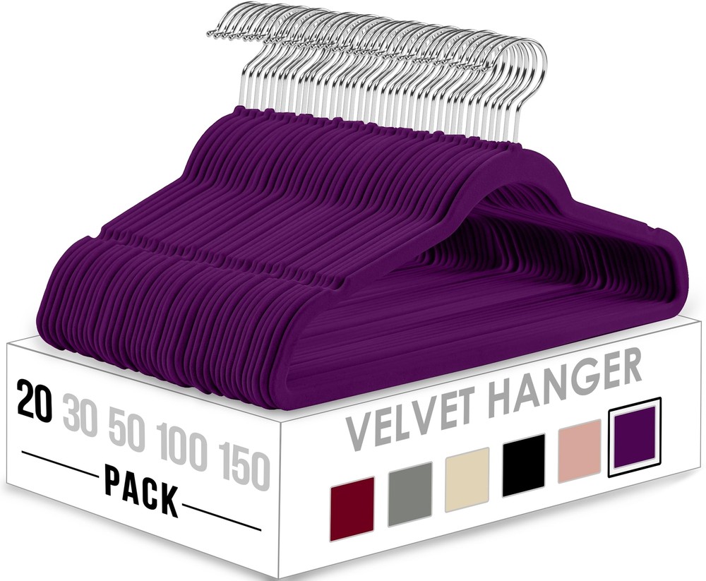 Velvet Hangers 20 Pack - Non-Slip Clothes Hangers - Purple Hangers - Suit Han...