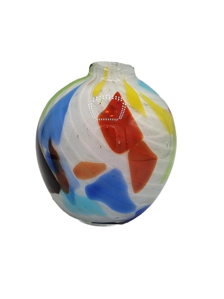 Art Glass Hand Blown Vase Modern Deco With Fused Glass Colorful Abstract Pieces-image