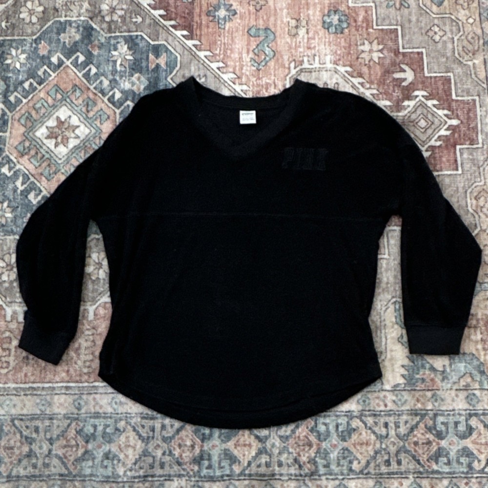PINK Victoria's Secret Black V-Neck Embroidered Long Sleeve Top S