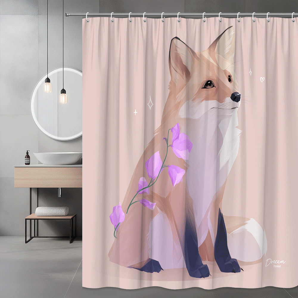 Fox Floral Pink Shower Curtain Cute Animal Print