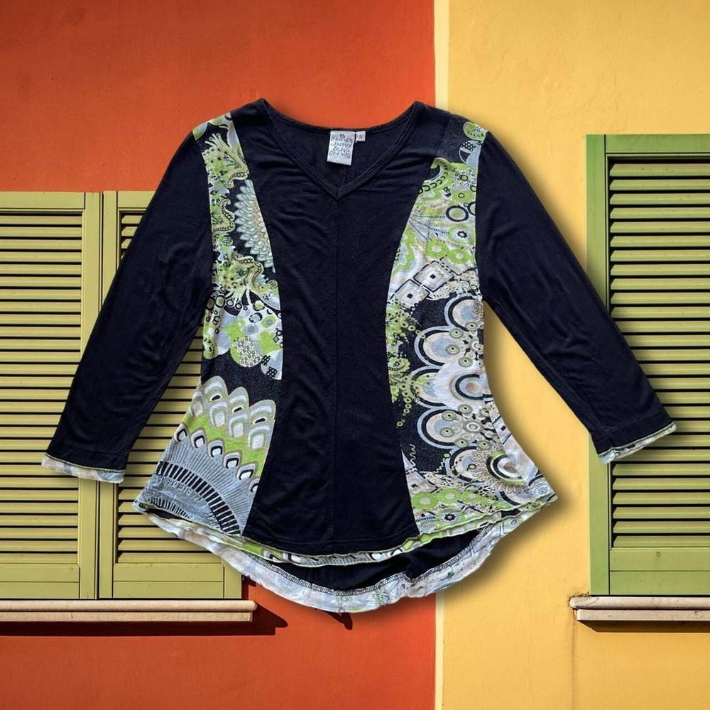 Parsley & Sage Black Green Abstract Long Sleeve Top Boho Funky Art Tunic Size S