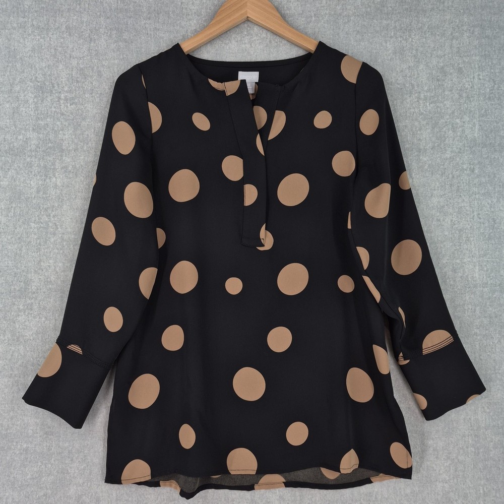 Chico's Split V Neck Blouse Womens 00 Black Tan Big Dot Button Cuff Tunic