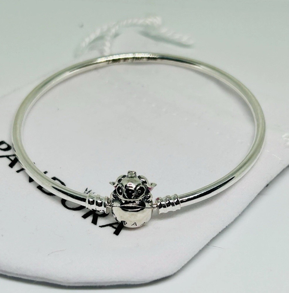 PANDORA 925 Sterling Silver Disney Stitch Biting Charm Bangle Bracelet 19cm