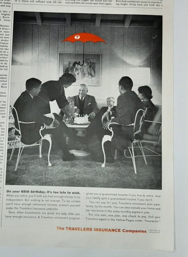 1962 Travelers Vintage Print Ad Insurance Life Home Retirement Red Umbrella Logo