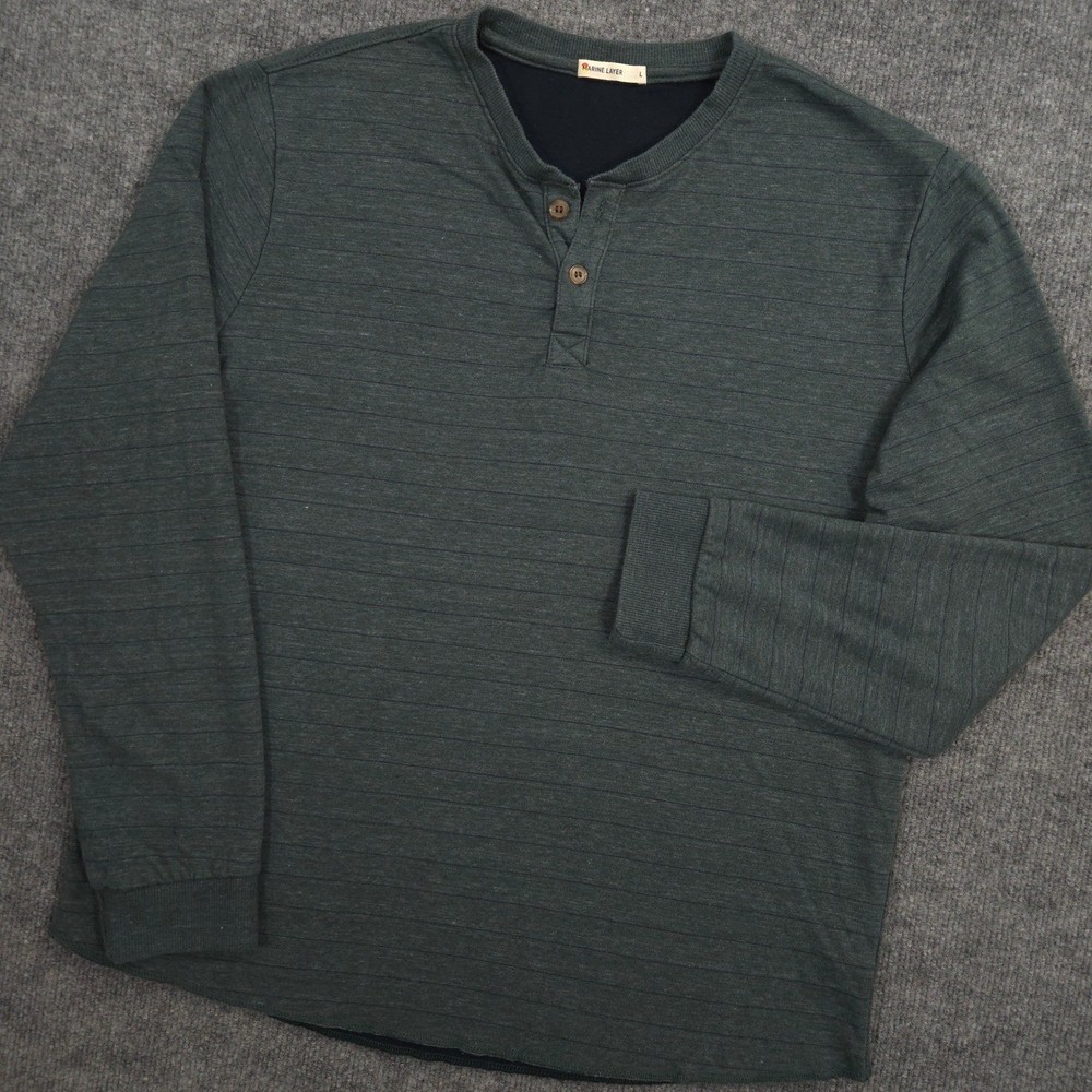 Marine Layer Henley Shirt Mens Large Green Heather Striped Long Sleeve Outdoor
