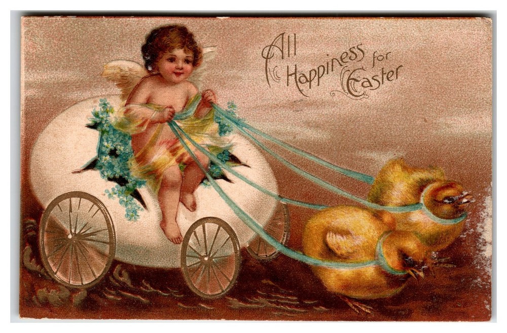 Clapsaddle Easter Postcard Cherub in Egg Cart Pulled by Chicks Germany 1908