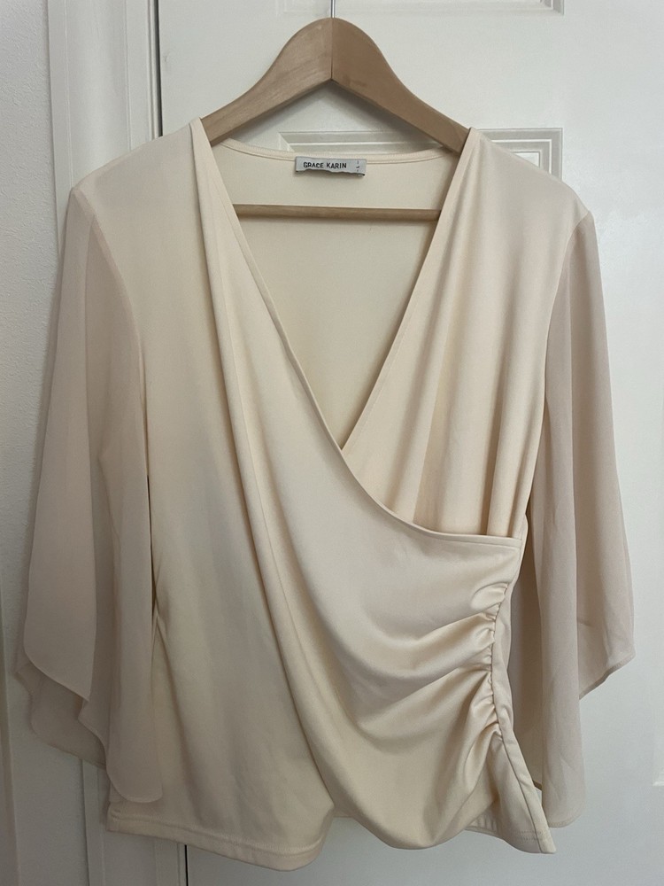 GRACE KARIN Vanilla Faux Wrap Blouse with Chiffon Split Sleeves Sz L Ivory Cream