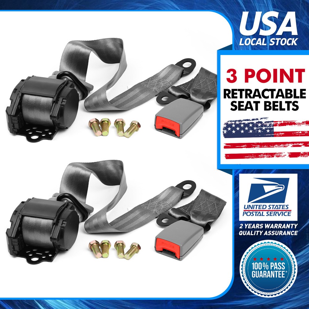 2set Retractable 3 Point Safety Seat Belt Straps Auto Vehicle Adjustable Kit US