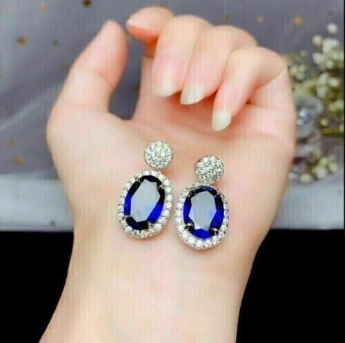 2Ct Oval Simulated Sapphire Halo Drop Earrings in 14K White Gold Plated