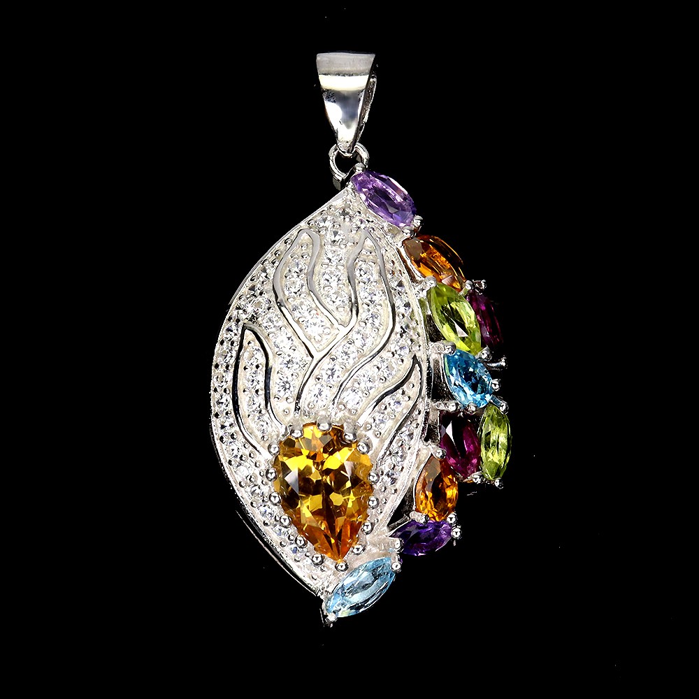 925 Sterling Silver Pear Citrine & Amethyst Gemstone Pendant
