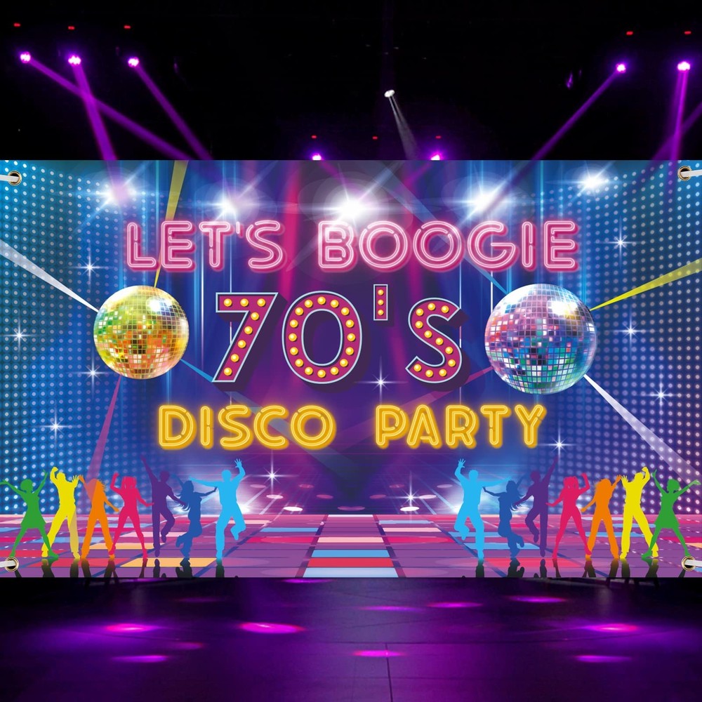 70s Disco Party Banner Backdrop - Boogie Decorations, Colorful Dance Signs fo...
