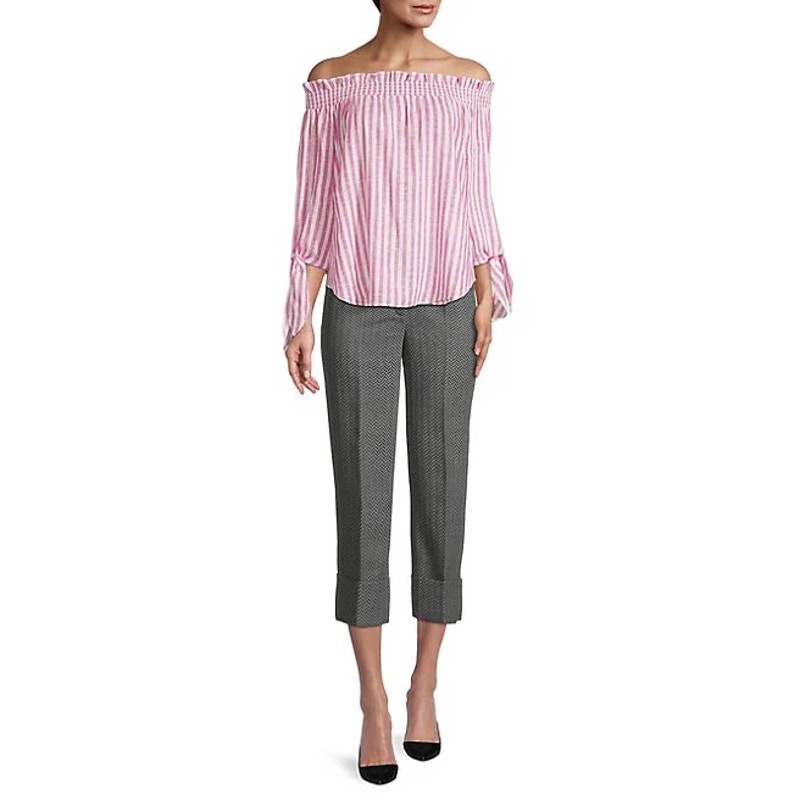 Michael Kors Women Pink Stripe Cerise Linen Off-the-Shoulder Blouse Top Size XS