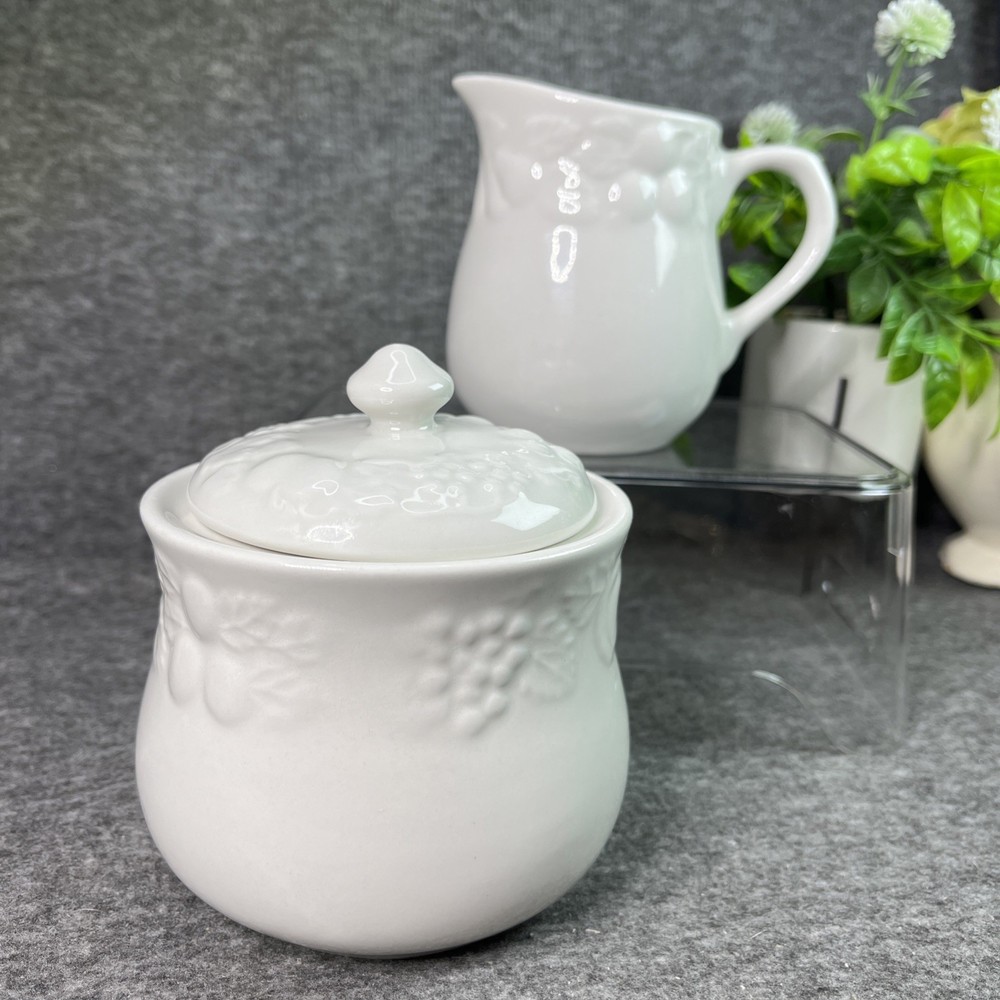 Gibson Housewares FRUIT White Embossed Creamer & Sugar Bowl with Lid