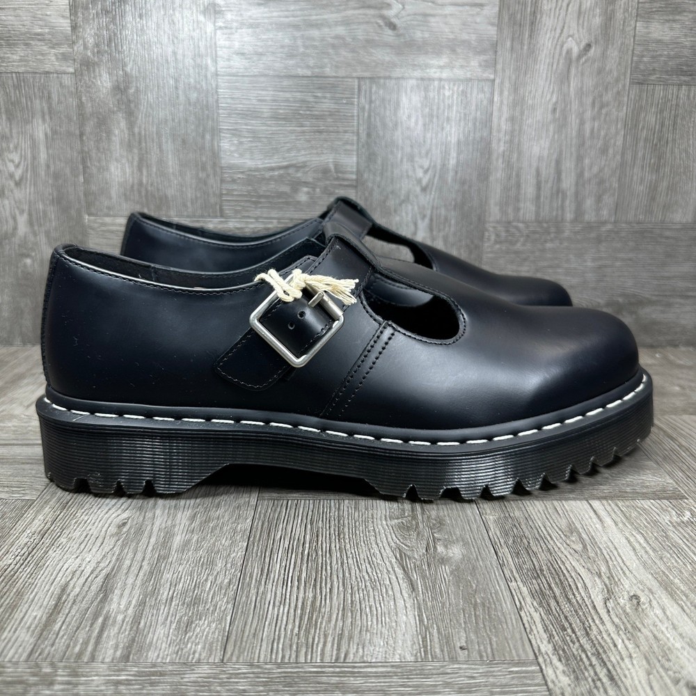 Dr. Martens Polley Bex Mens 12 Black Leather Platform Mary Jane NEW White Stitch