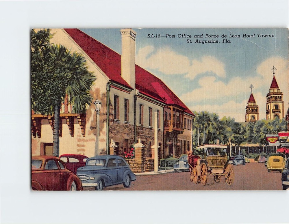 Postcard Post Office and Ponce de Leon Hotel Towers St. Augustine Florida USA