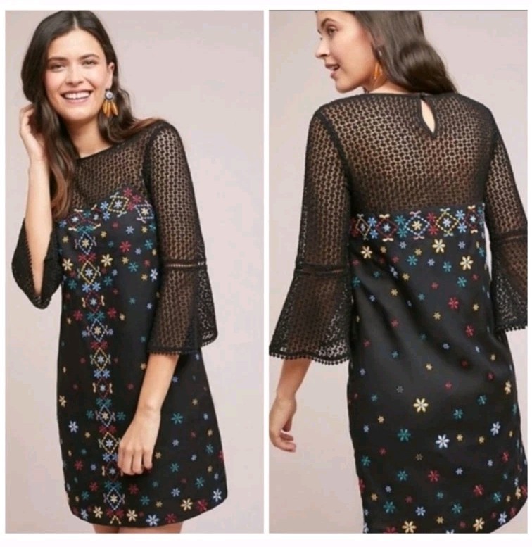 Anthropologie Akemi + Kin Embroidered Black Floral Shirt Dress Long Bell Sleeves