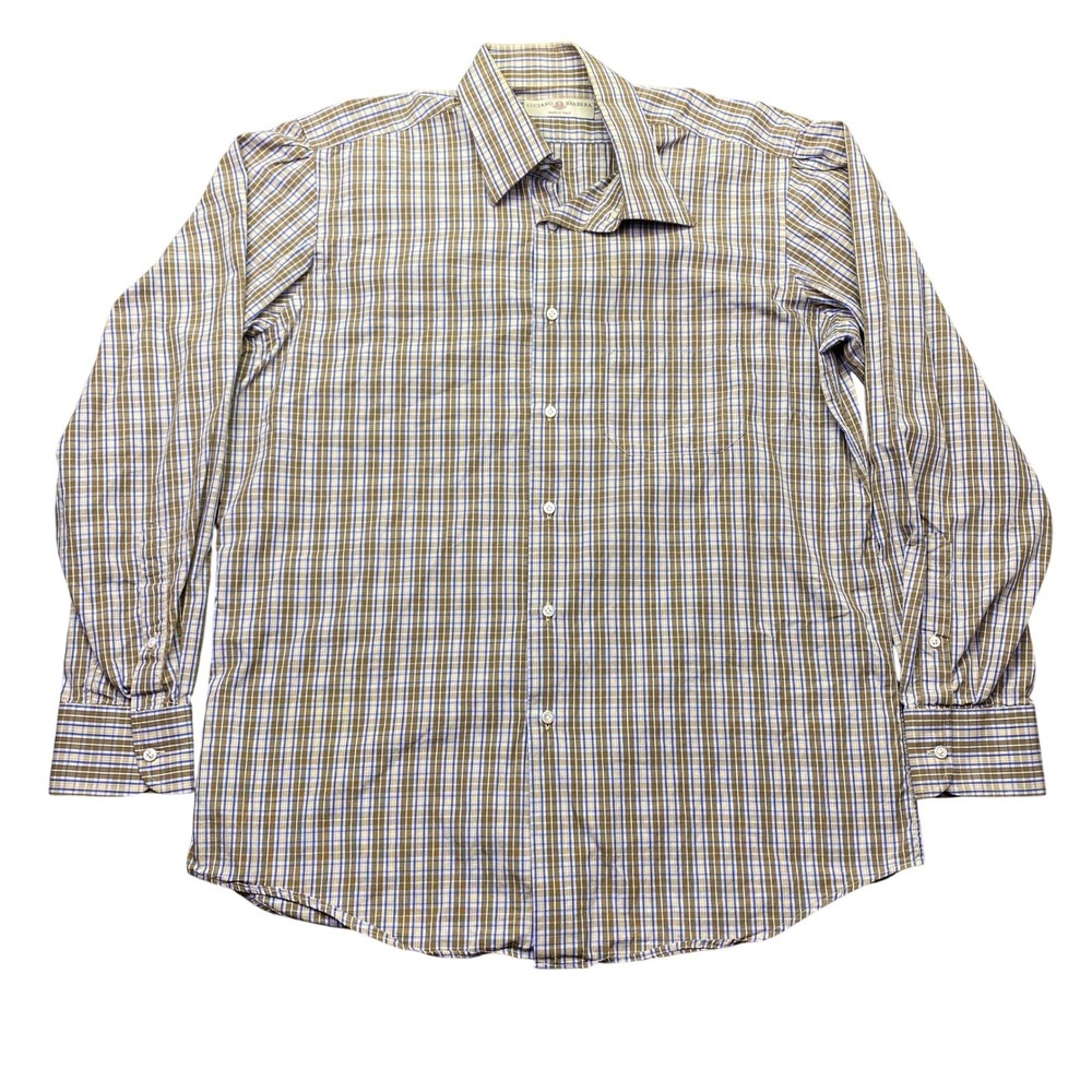 Luciano Barbera Mens XL Plaid Button Down Shirt Brown Blue Made in Italy Cotton
