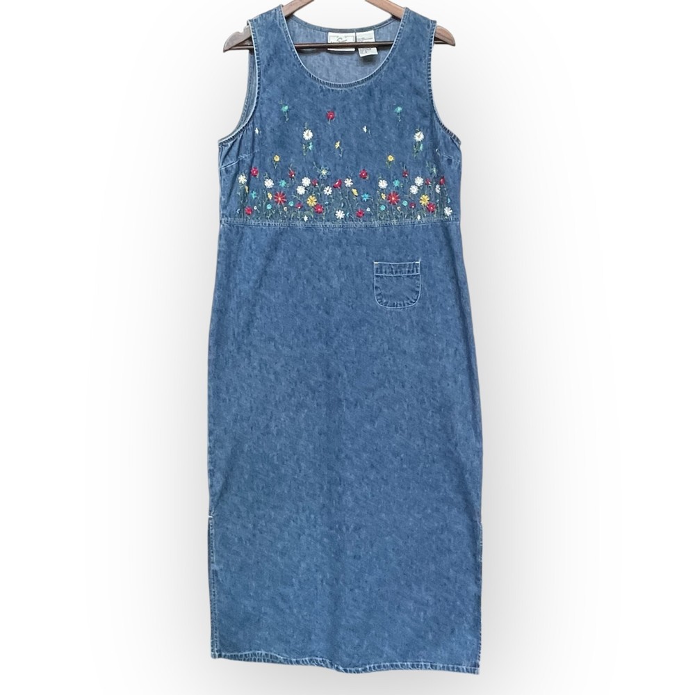 Studio Ease Denim Maxi Dress Women Size 14 Blue Floral Patch Pocket Sleeveless
