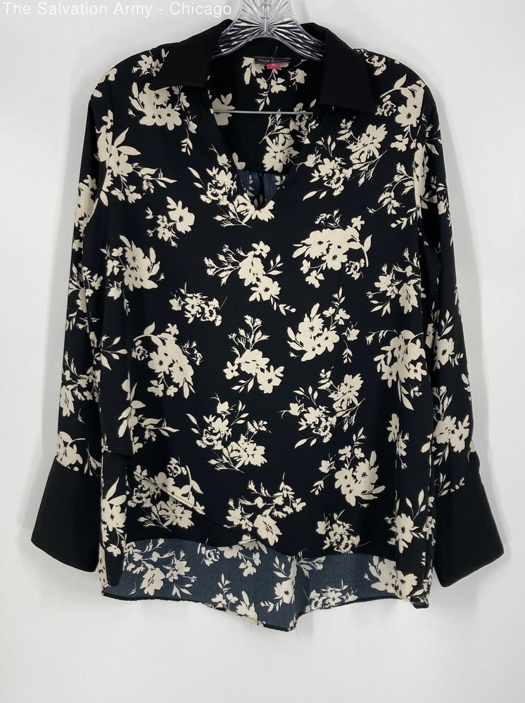 Vince Camuto Womens Black Beige Floral Long Sleeve Blouse Top Size Medium