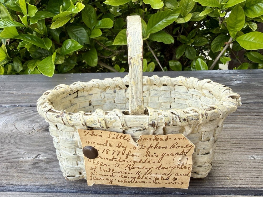 Antique C 1877 Handmade Miniature Child’s Basket Provenance Note &Original Paint