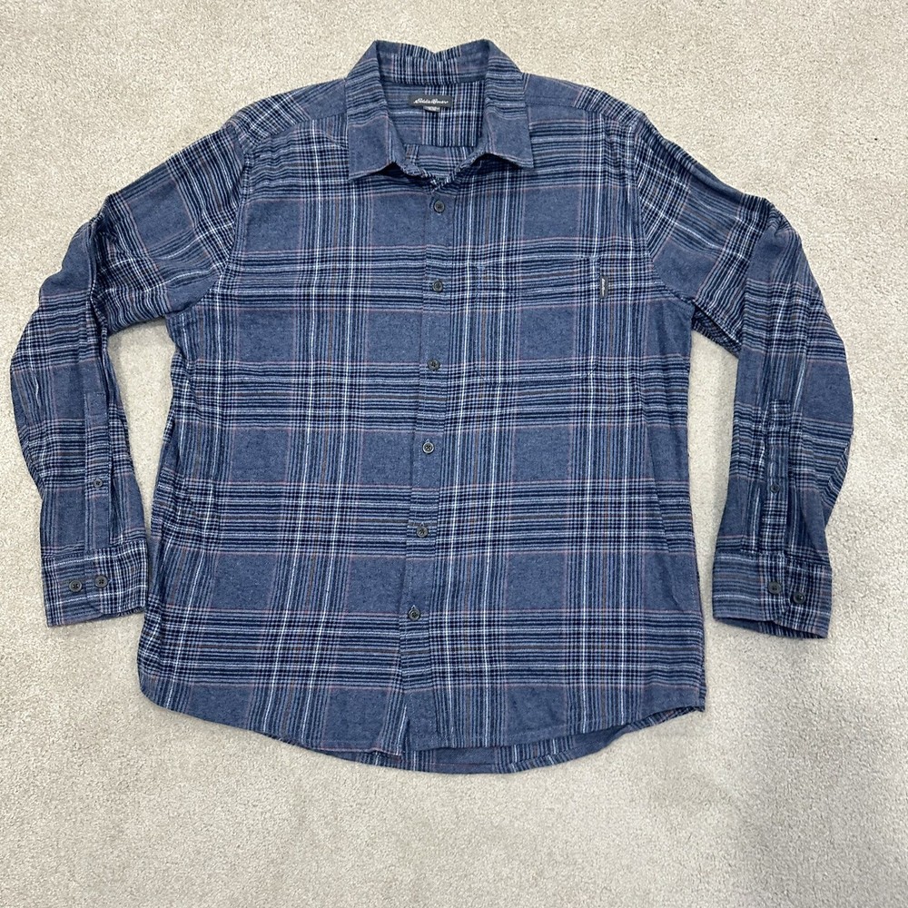 EDDIE BAUER Men's Bristol Relaxed Fit Flannel Shirt in Chambray Blue Plaid Size XL