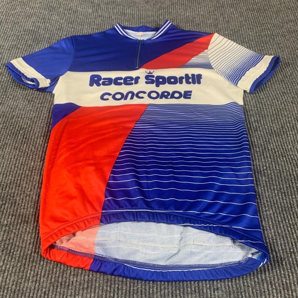 VTG Cycling Jersey Mens Large Blue Racer Sportif Concorde Back Pockets Stretch