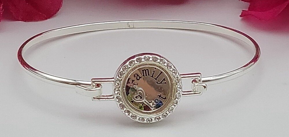 Women’s Silver Bangle Bracelet With Crystals “Family First”