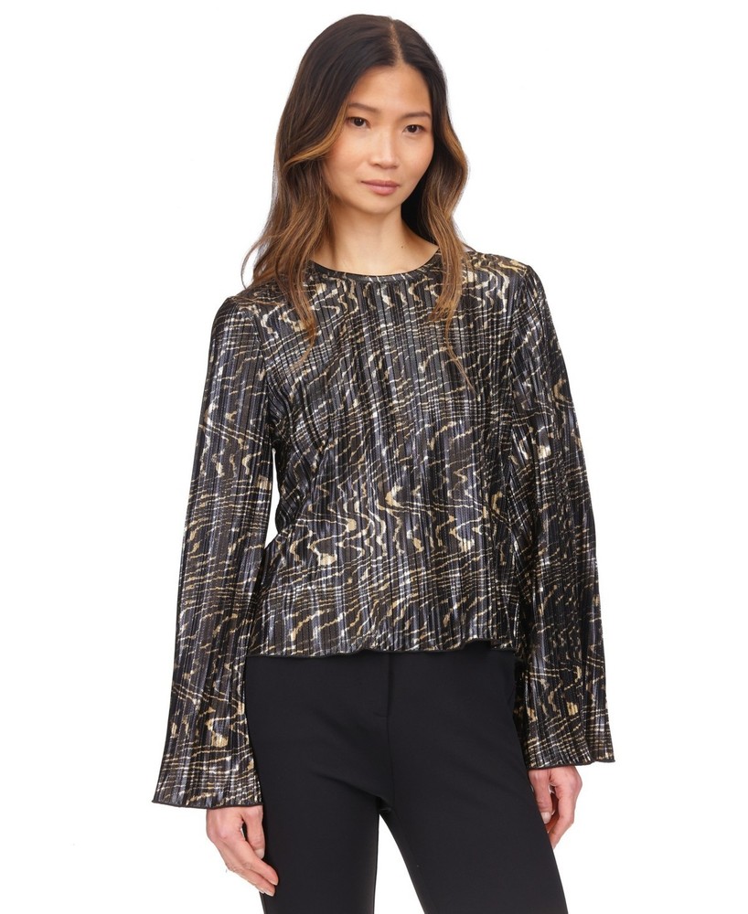 Michael Kors Women Printed Pleated Bell-Sleeve Top Black Gold Size XL MSRP $110