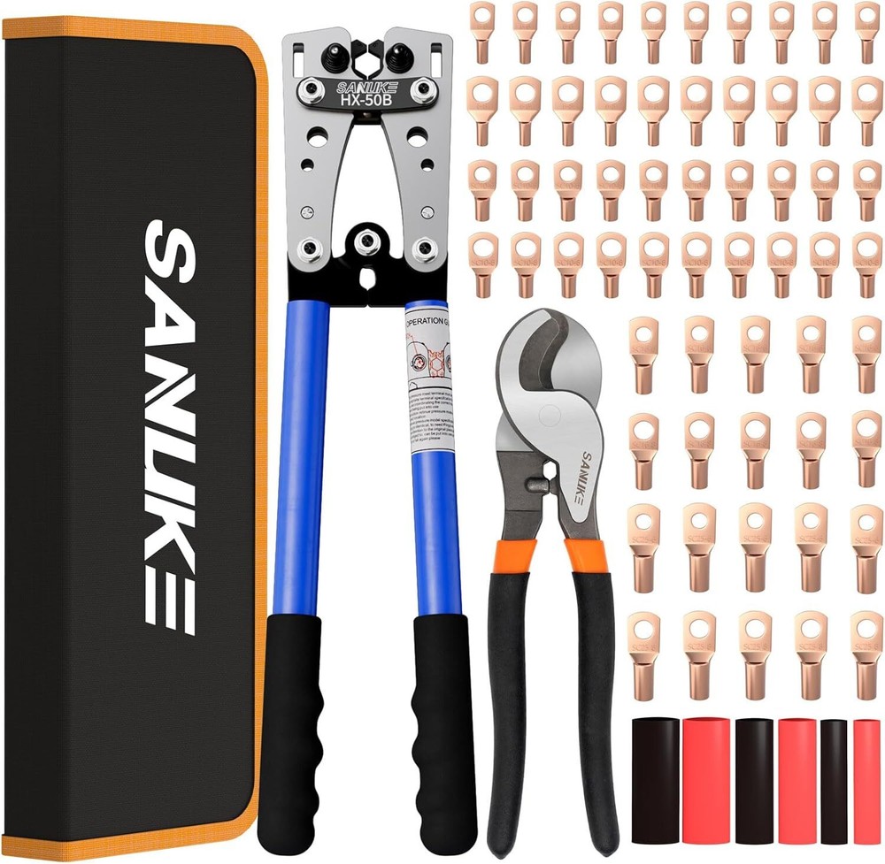 Sanuke Battery Cable Lug Crimping Tool Kit with Cable Cutter 60pcs Ring Terminal