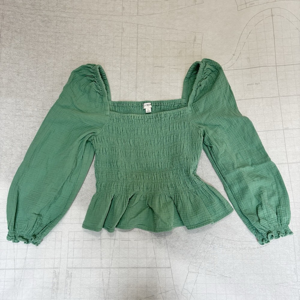 J Crew Women's Long Sleeve Ruffle Smocked Square Neck Cropped Top Size L Teal