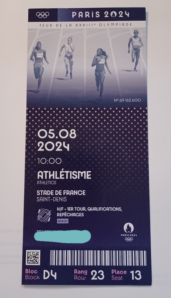 Paris Olympic Ticket Souvenir Paris Olympic Ticket Athletics 8/5 ATH07 Ticket