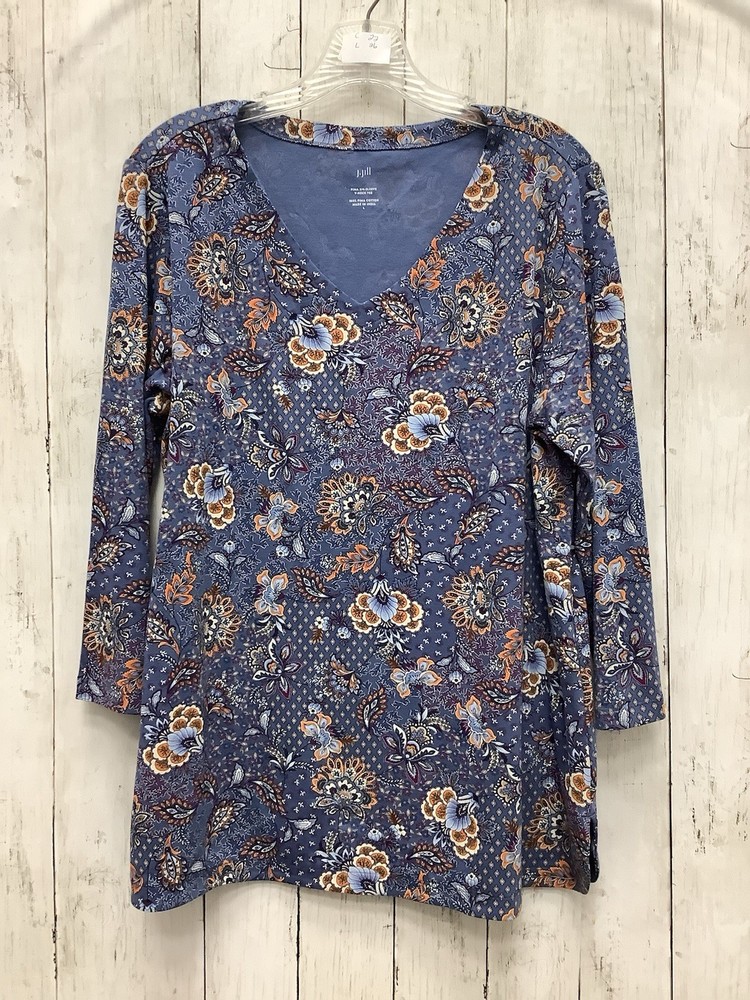 J. Jill Women's Blue Jacobean Floral Tunic V-Neck 3/4 Sleeve Pima Cotton Large